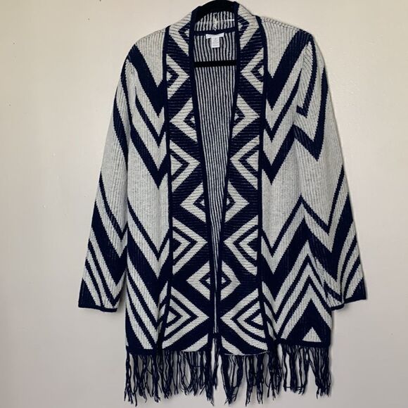 CHICOS size 2 cardigan sweater fringe boho chevron zig zag large L southeastern - Picture 4 of 9